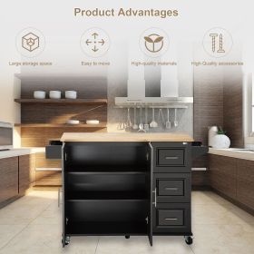 Kitchen Island & Kitchen Cart, Mobile Kitehcn Island with Extensible Rubber Wood Table Top,adjustable Shelf Inside Cabinet for Different Utensils